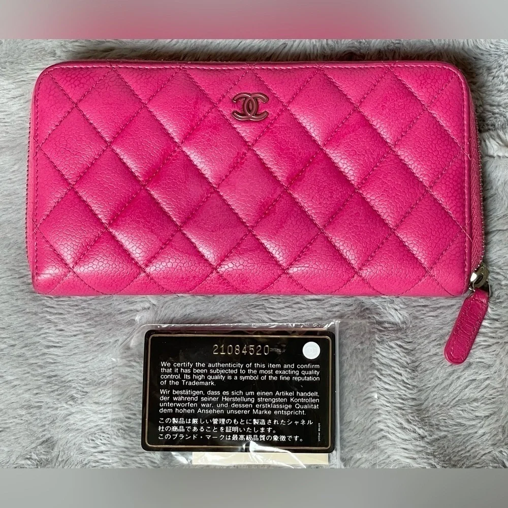 Chanel Pink Caviar Zip Around Quilted Leather Zip Around Long Wallet